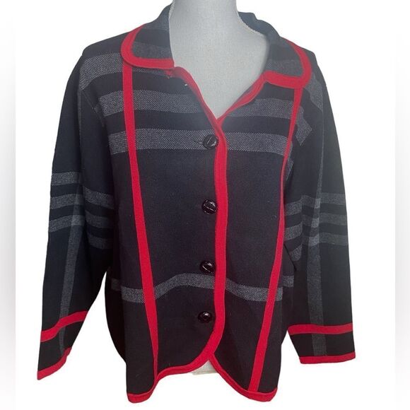 Appleseed Wm’s Sz XLP Black Red Trim Button Front Cardigan Sweater - Picture 1 of 4